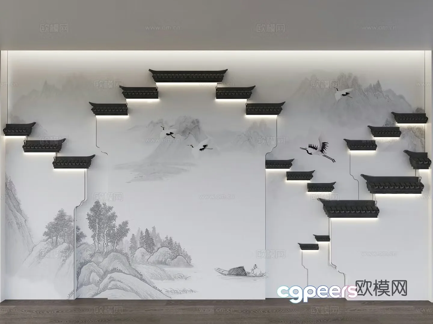 Chinese style background wall Horse head wall background wall Hui style building background wall Building outline background wall Water 3d model