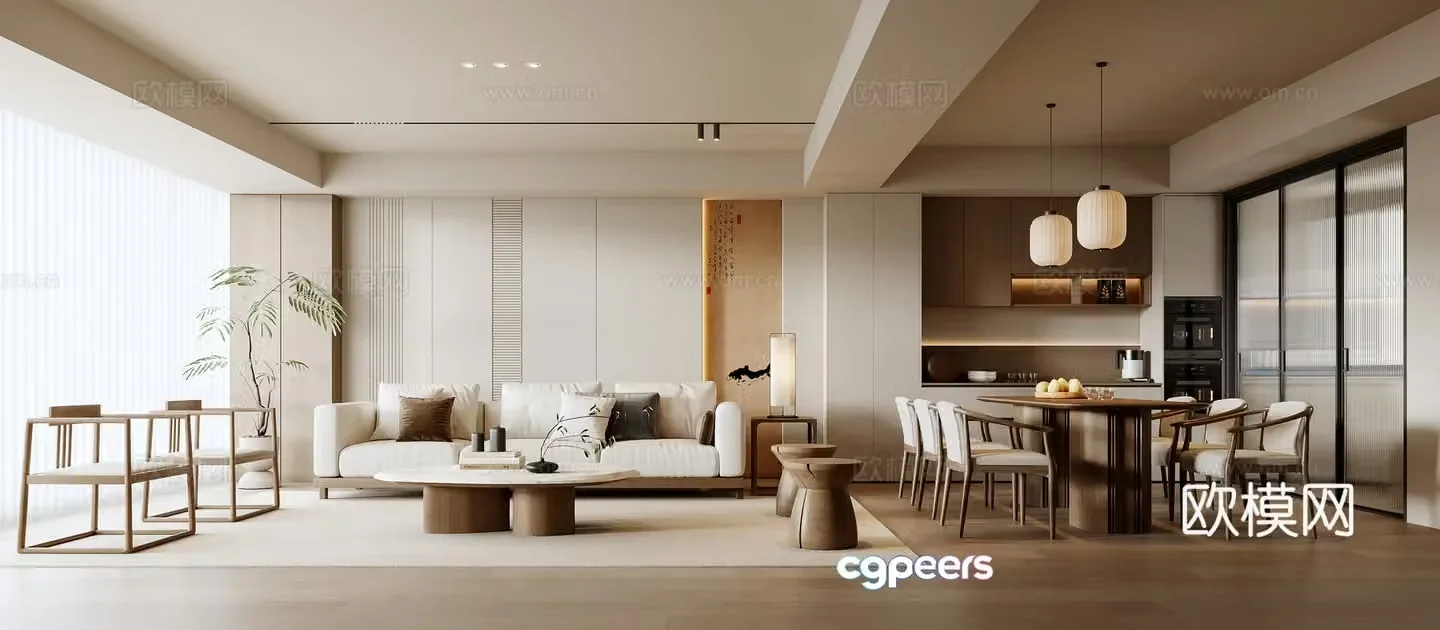New Chinese style living and dining room 3D model