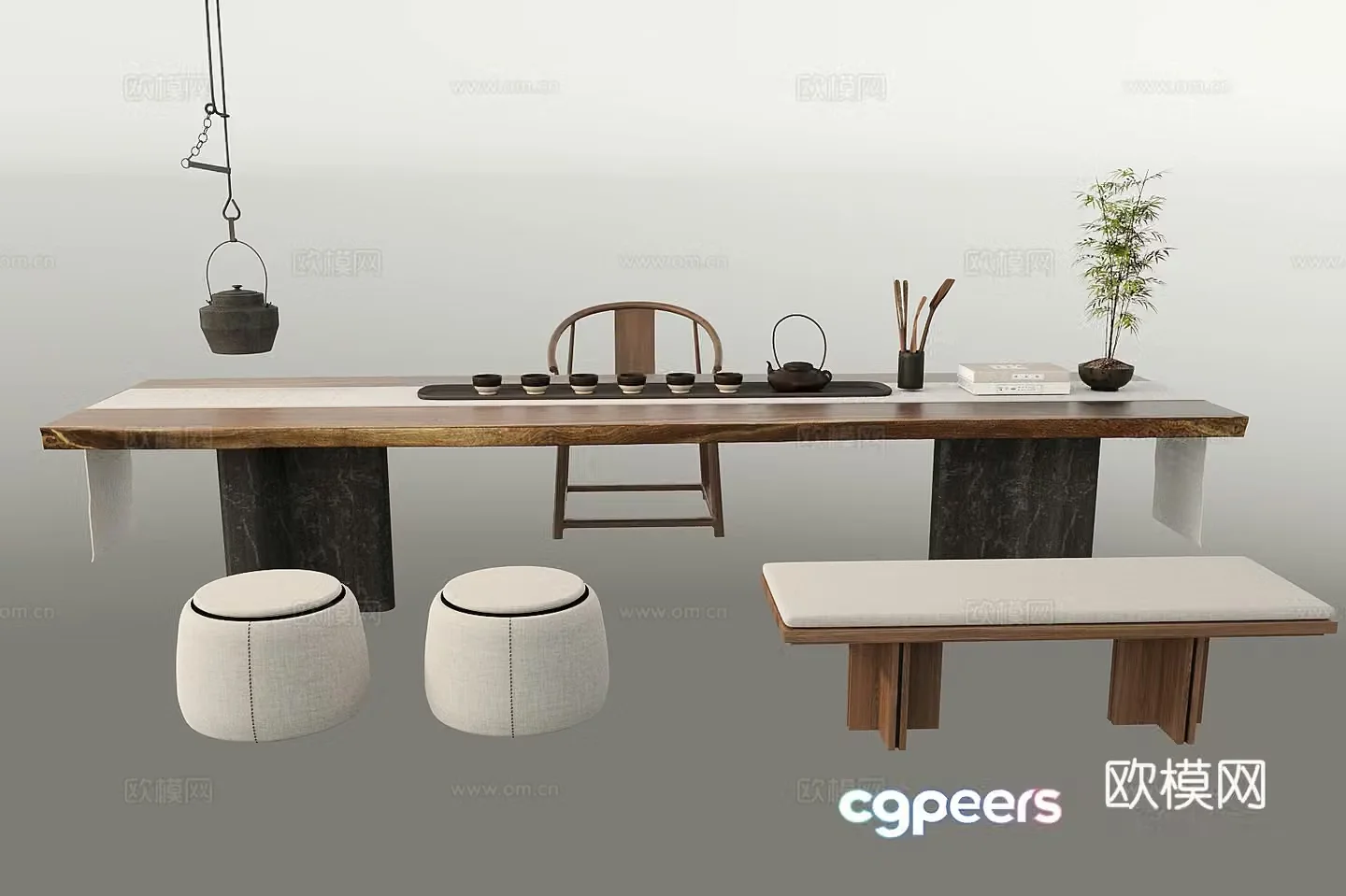 New Chinese tea table and chair New Chinese tea table and chair combination Tea set Potted ornaments 3D model