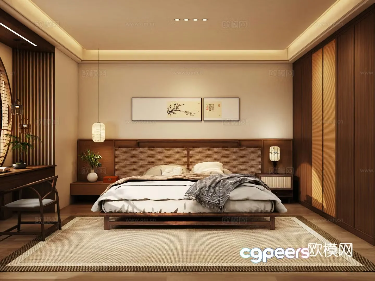 New Chinese style Zen bedroom retro bedroom medieval style bedroom rattan bed wardrobe 3D model