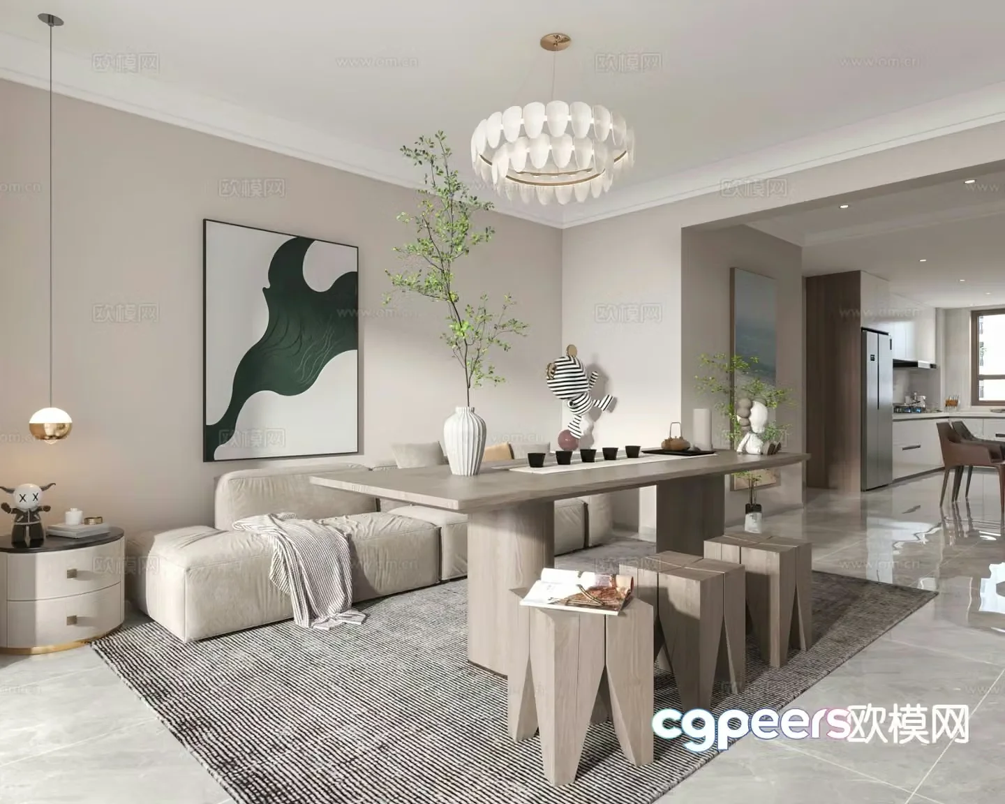 Modern living room and dining room study 3D model