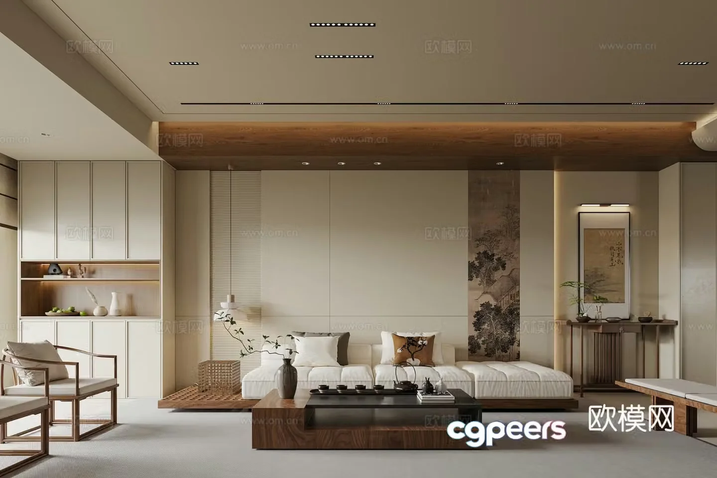 Song style living room New Chinese style living room Chinese style living room Sofa coffee table combination Sofa background 3D model