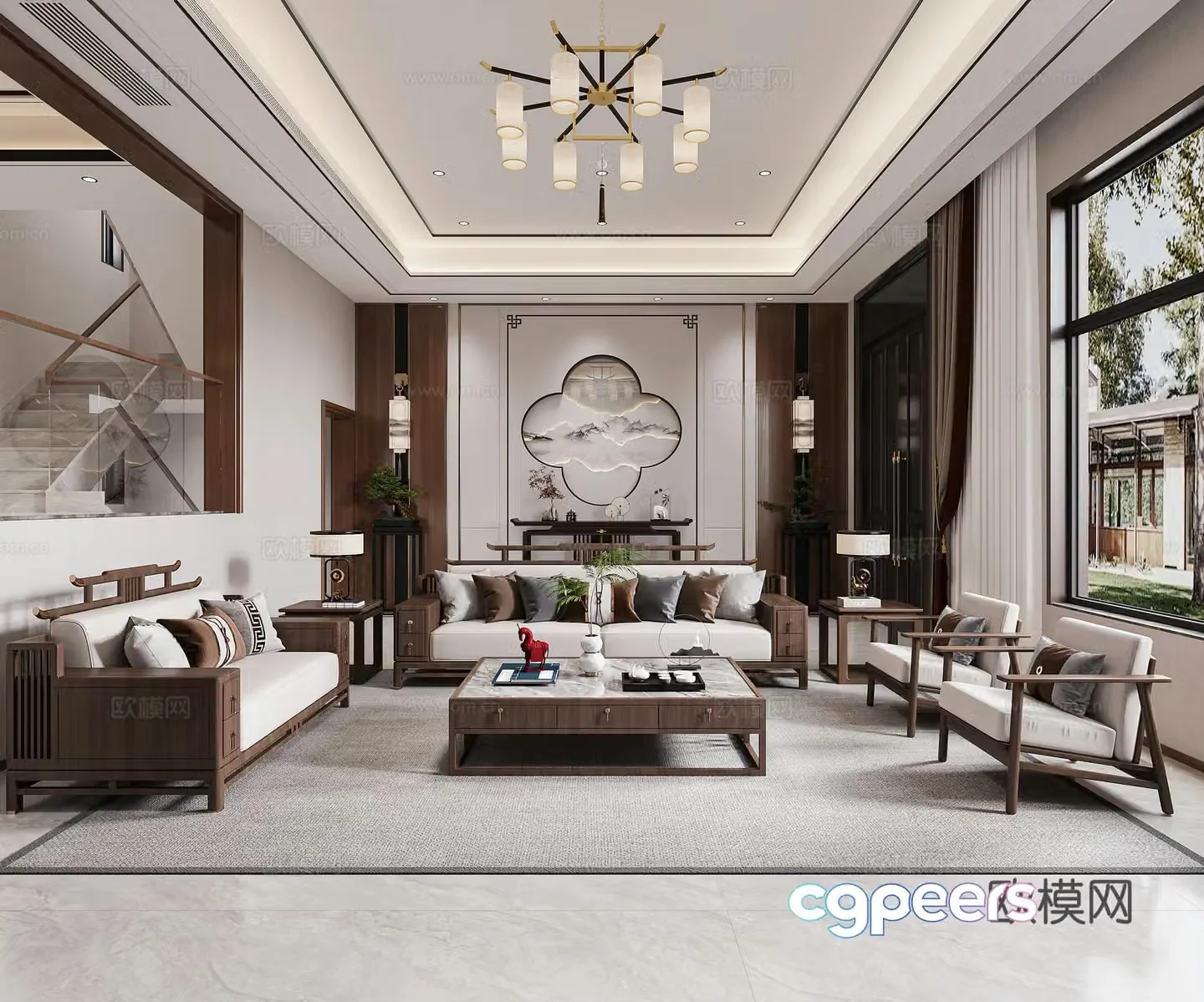 New Chinese style villa living and dining room 3D model