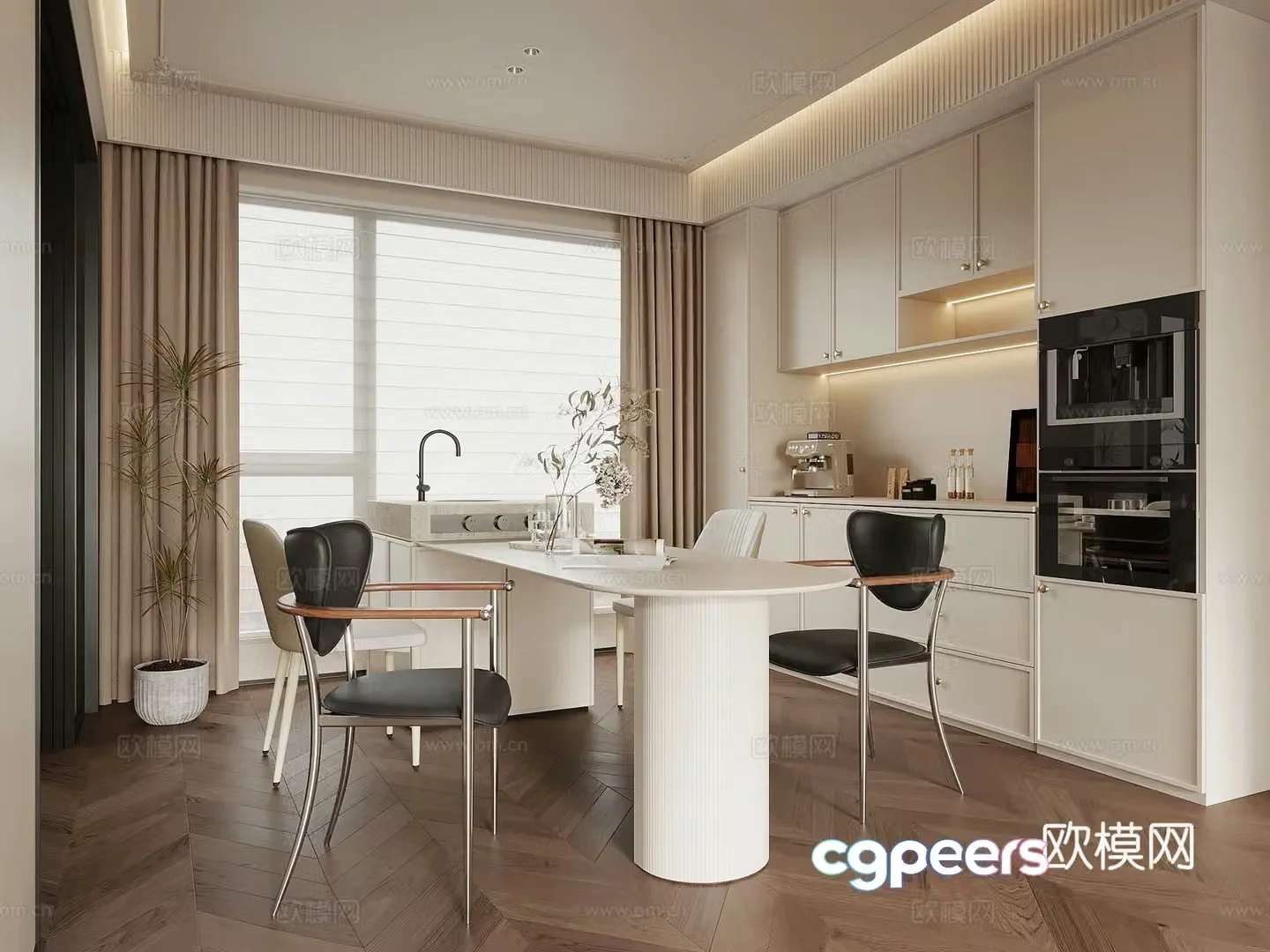 Home restaurant French cream restaurant wine cabinet sideboard dining table island 3D model