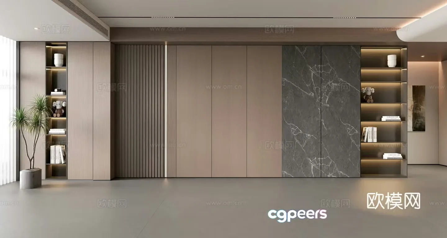 Modern simple sofa background wall modern ornament balcony cabinet living room cabinet wood veneer background wall 3d model