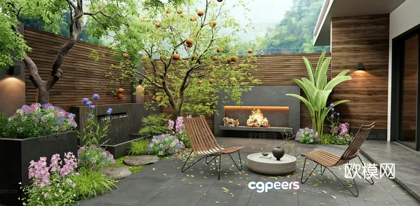Modern villa courtyard persimmon tree flowers and plants fruit trees landscape tree outdoor chair shrub waterscape 3d model