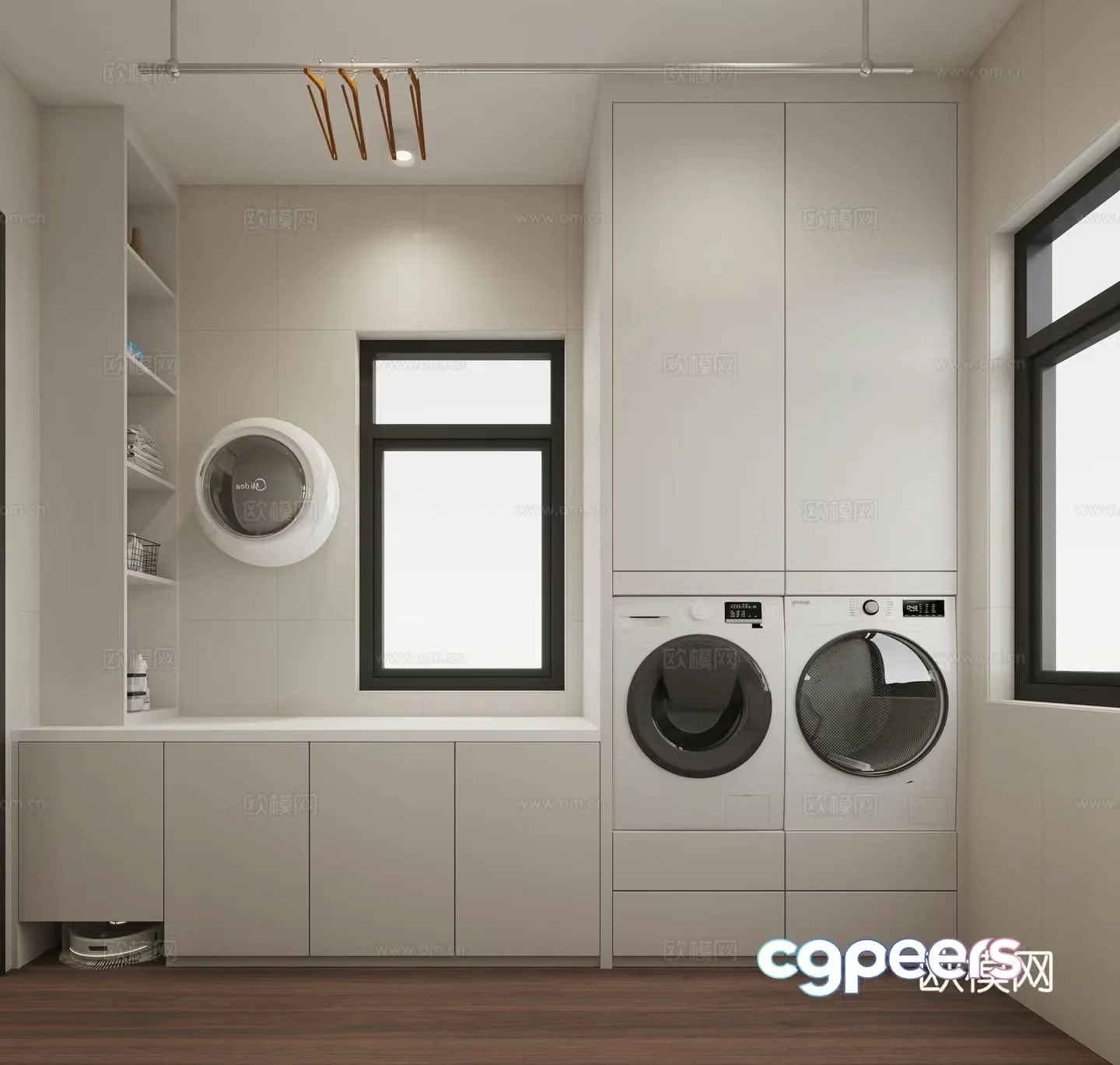 Full set of laundry room washing machine dryer wall-mounted small washing machine sweeper clothes drying rack 3D model