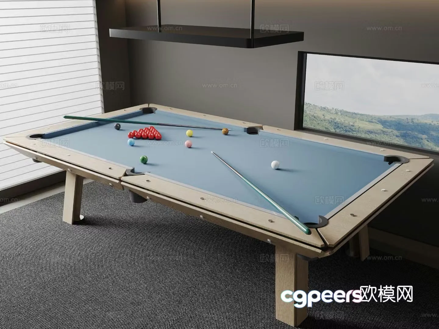 Modern pool table table cue 3d model
