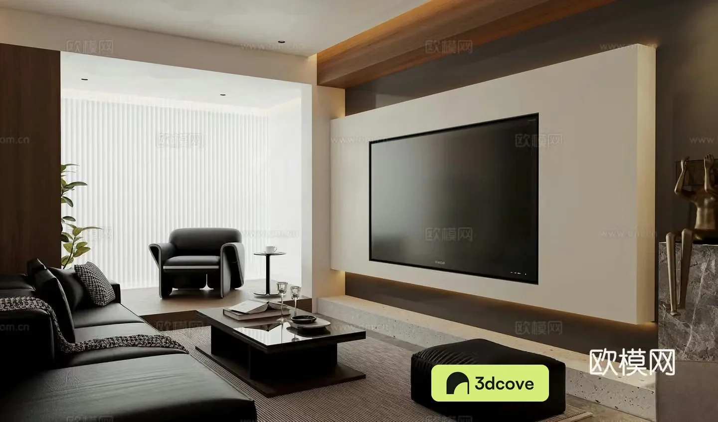 Italian modern home living room without lights sofa and coffee table combination TV cabinet background wall sand