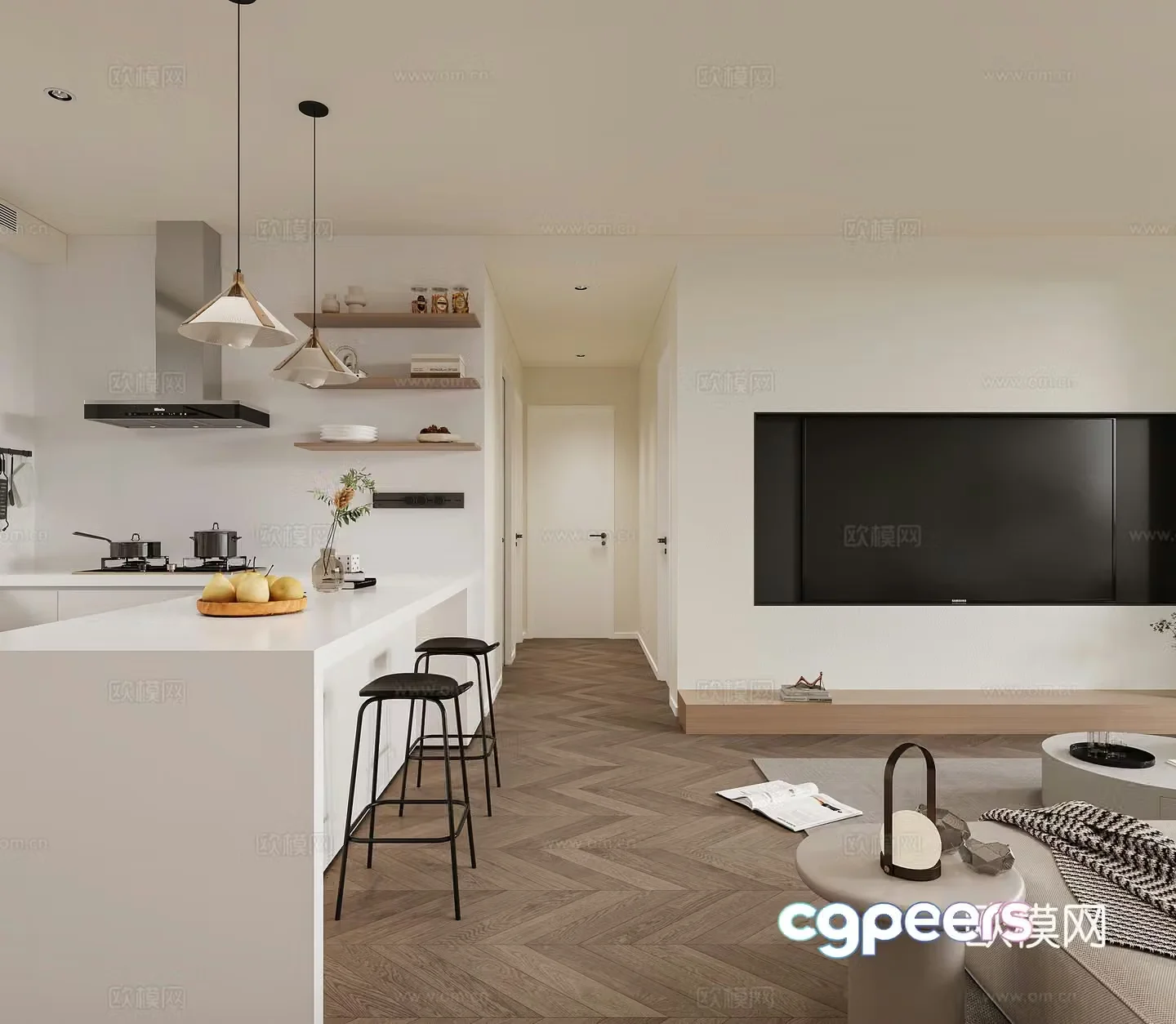 Modern open kitchen bar island simple modern kitchen western kitchen living room living dining 3d model