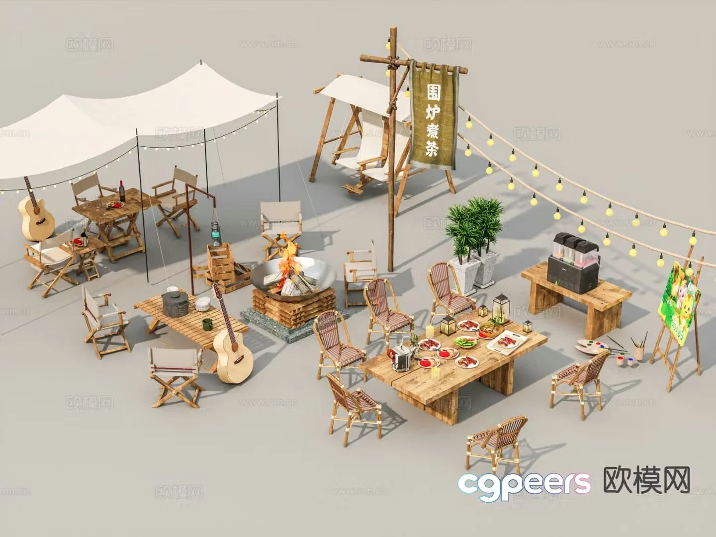 Camp tent camping sketch camping folding table and chairs 3d model