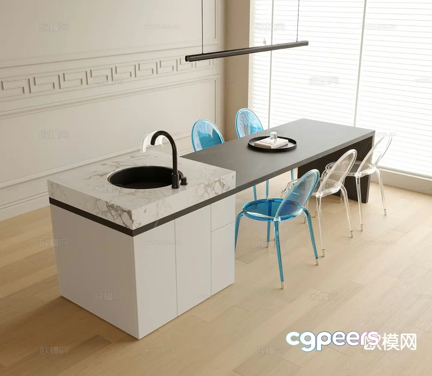 Modern dining table and chairs island table acrylic chair 3d model