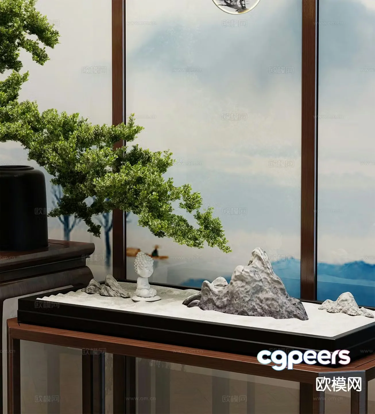 New Chinese style courtyard landscape sketch Zen dry landscape 3D model