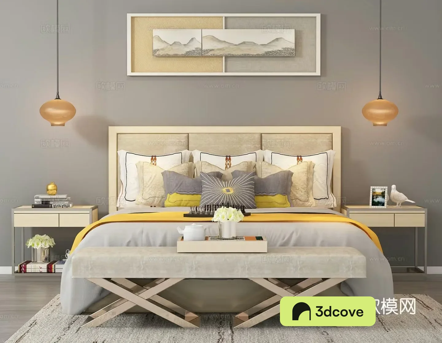 Modern double bed desk lamp hanging painting