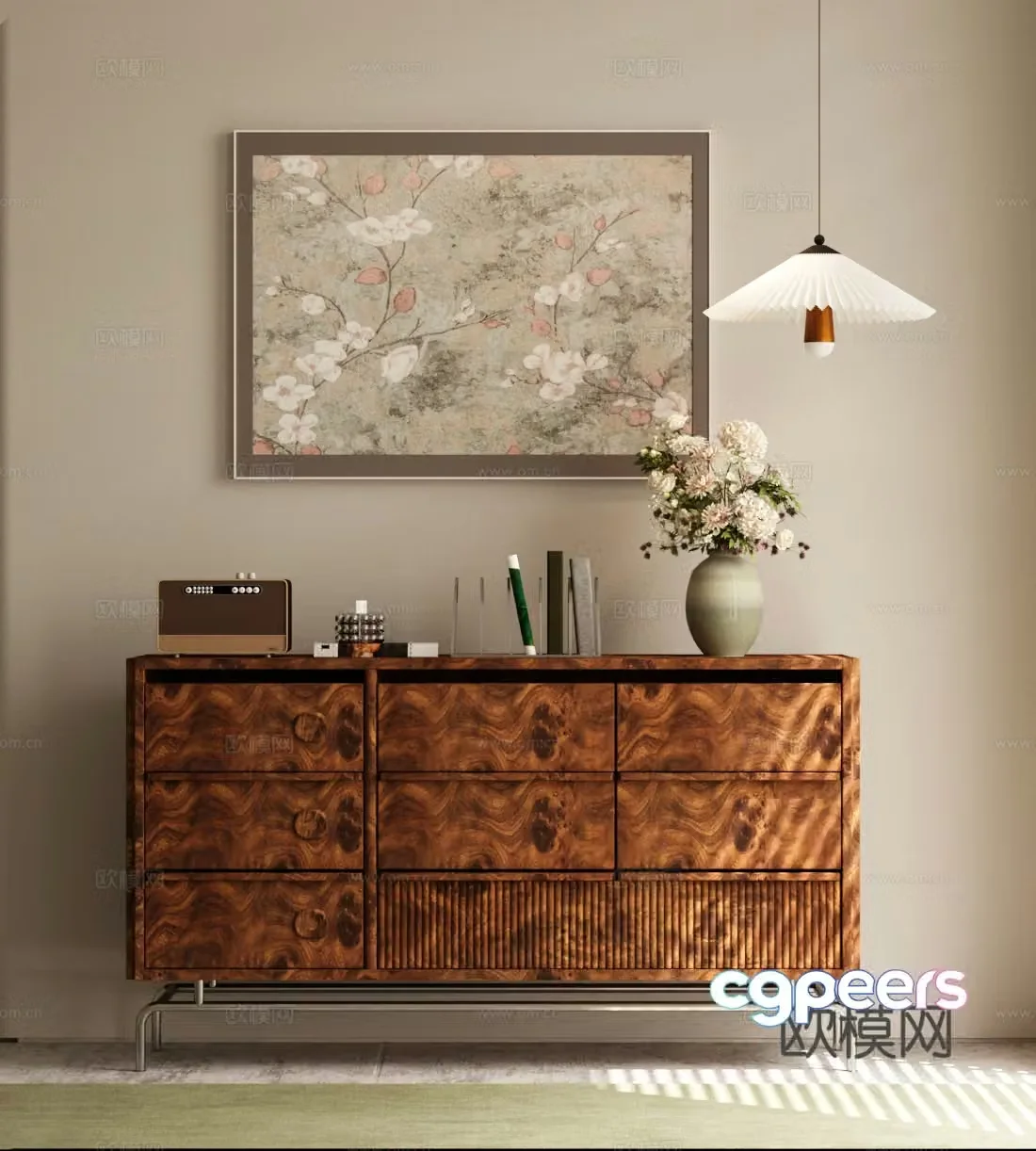Middle-aged style chest of drawers side cabinet chandeliers floral ornaments medieval hanging painting ornaments combination 3D model