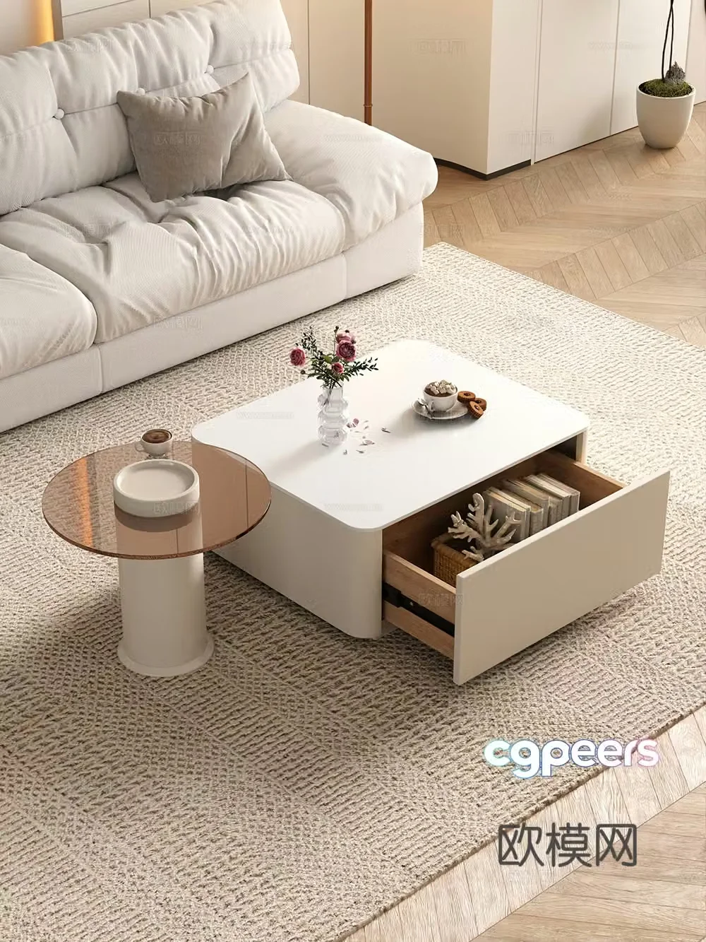 Creamy living room letter coffee table sofa coffee table combination decoration 3d model