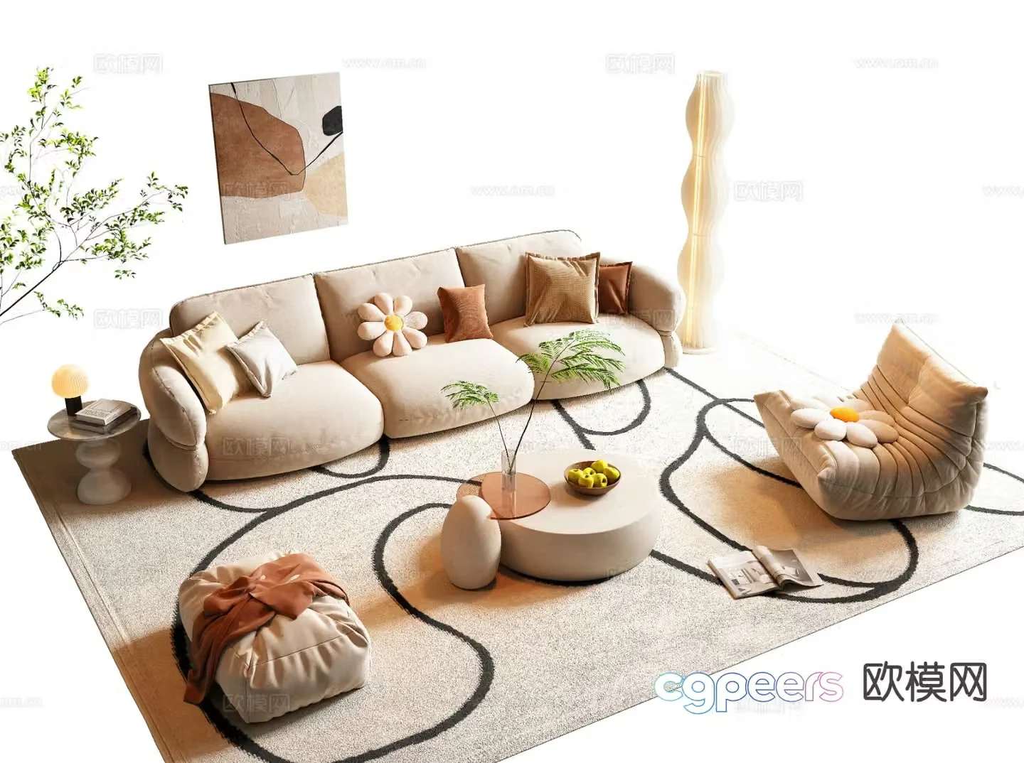 Cream style modular sofa 3d model