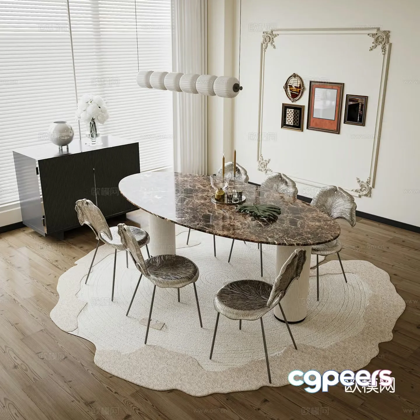 Simple European style dining table and chairs Chat table and chair combination side cabinet decorative painting 3D model
