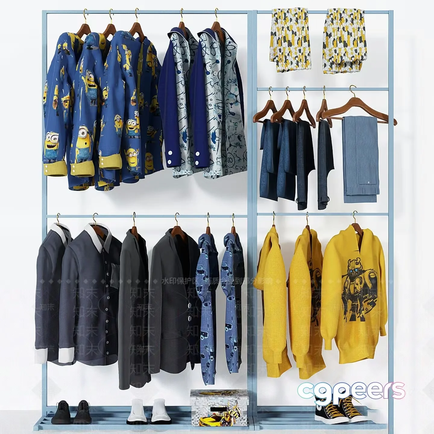 A Clothing Rack With Various Shirts And Shoes 3D Model – 4172 – CORONA Render