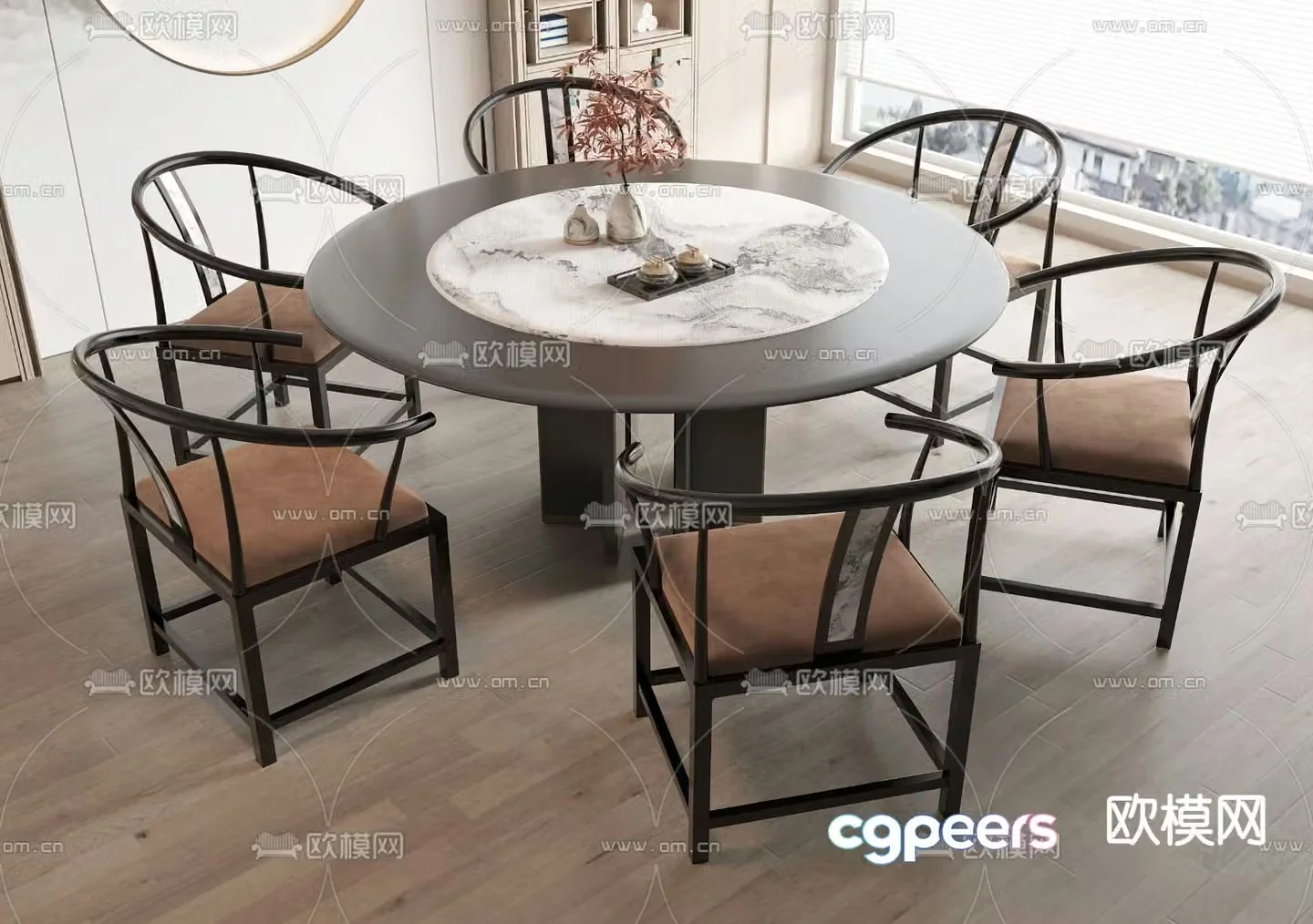 New Chinese style dining table and chairs round dining table 3d model