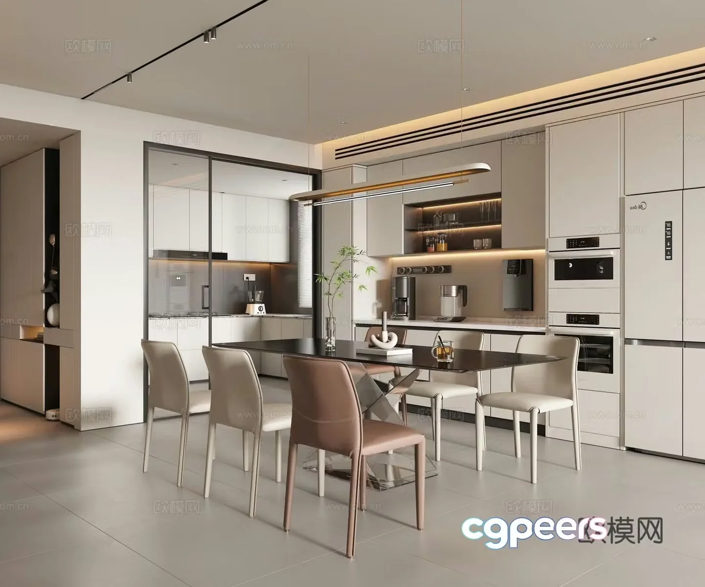Modern minimalist home restaurant Open restaurant No main light restaurant Dining table and chair combination 3D model