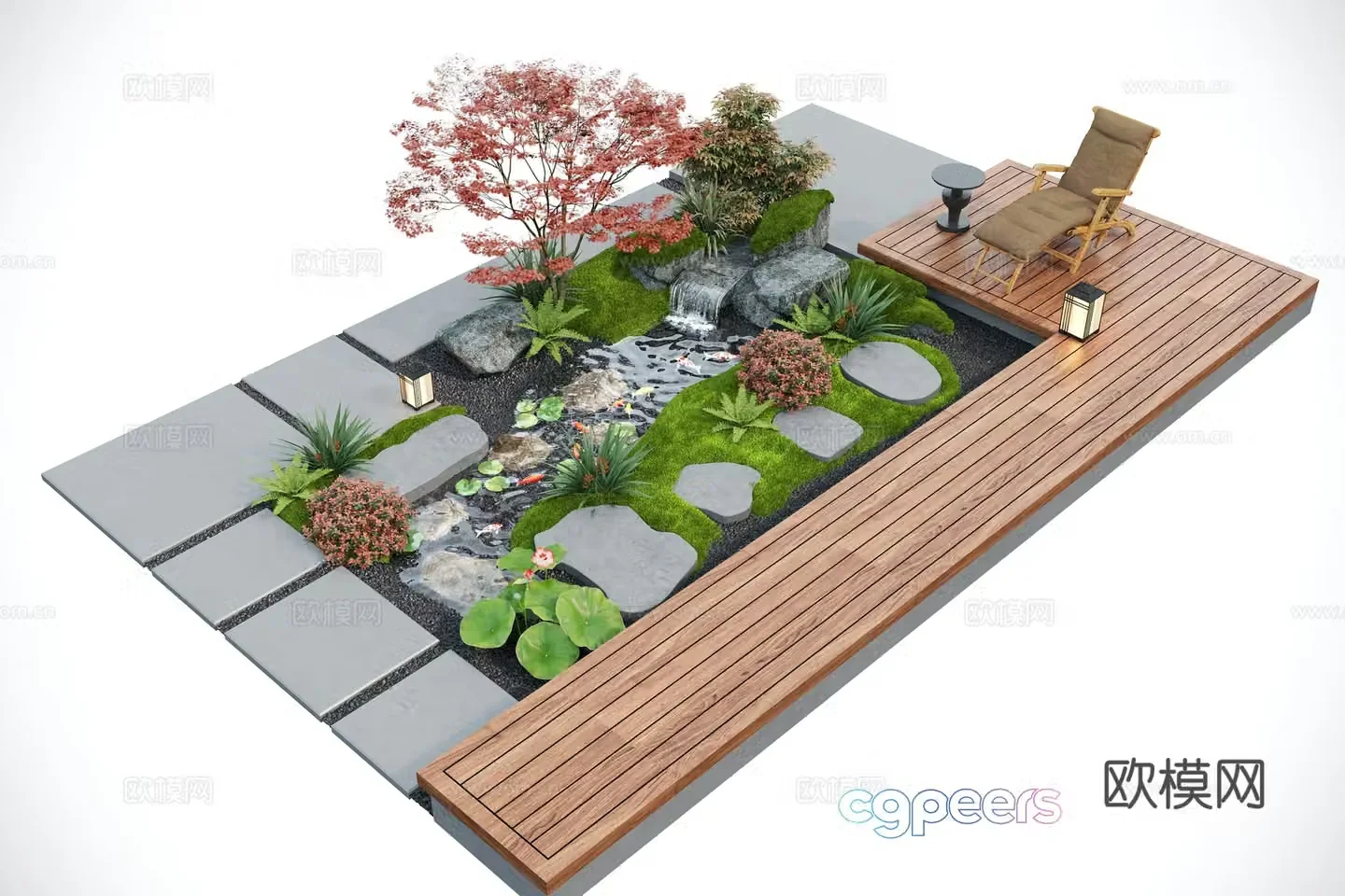 Modern courtyard landscape sketch Water landscape stacked water landscape plants Fish pond 3d model