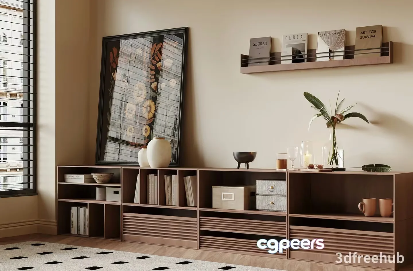 A Large Wooden Shelving Unit 3D Model – 23628 – VRAY Render