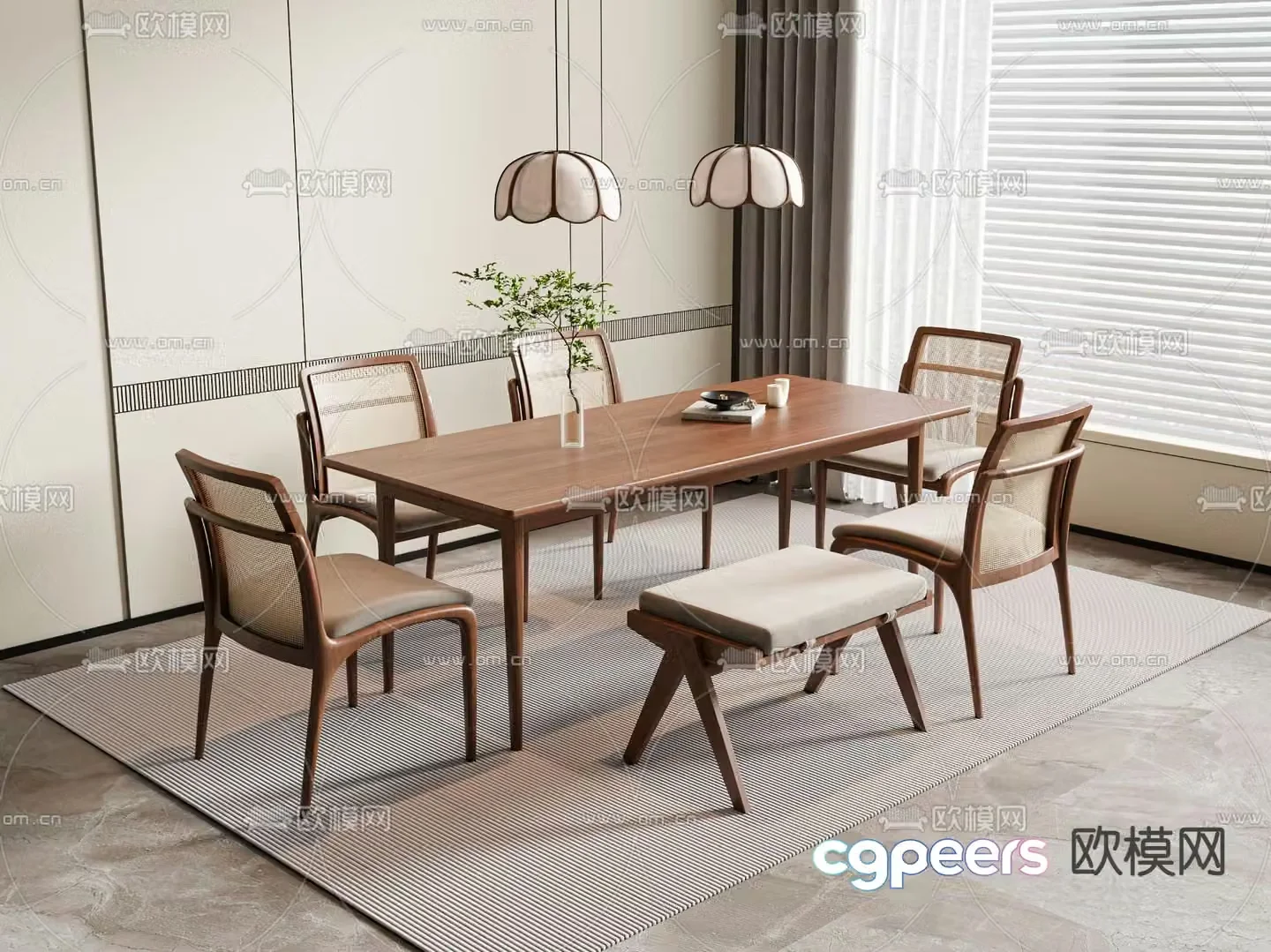 Wabi-sabi rectangular dining table and chairs 3d model