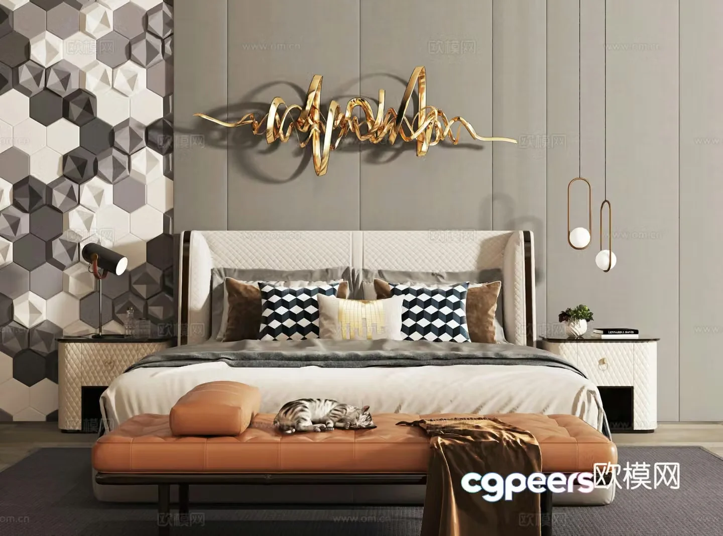 Modern light luxury double bed combination bedside table wall decoration 3D model