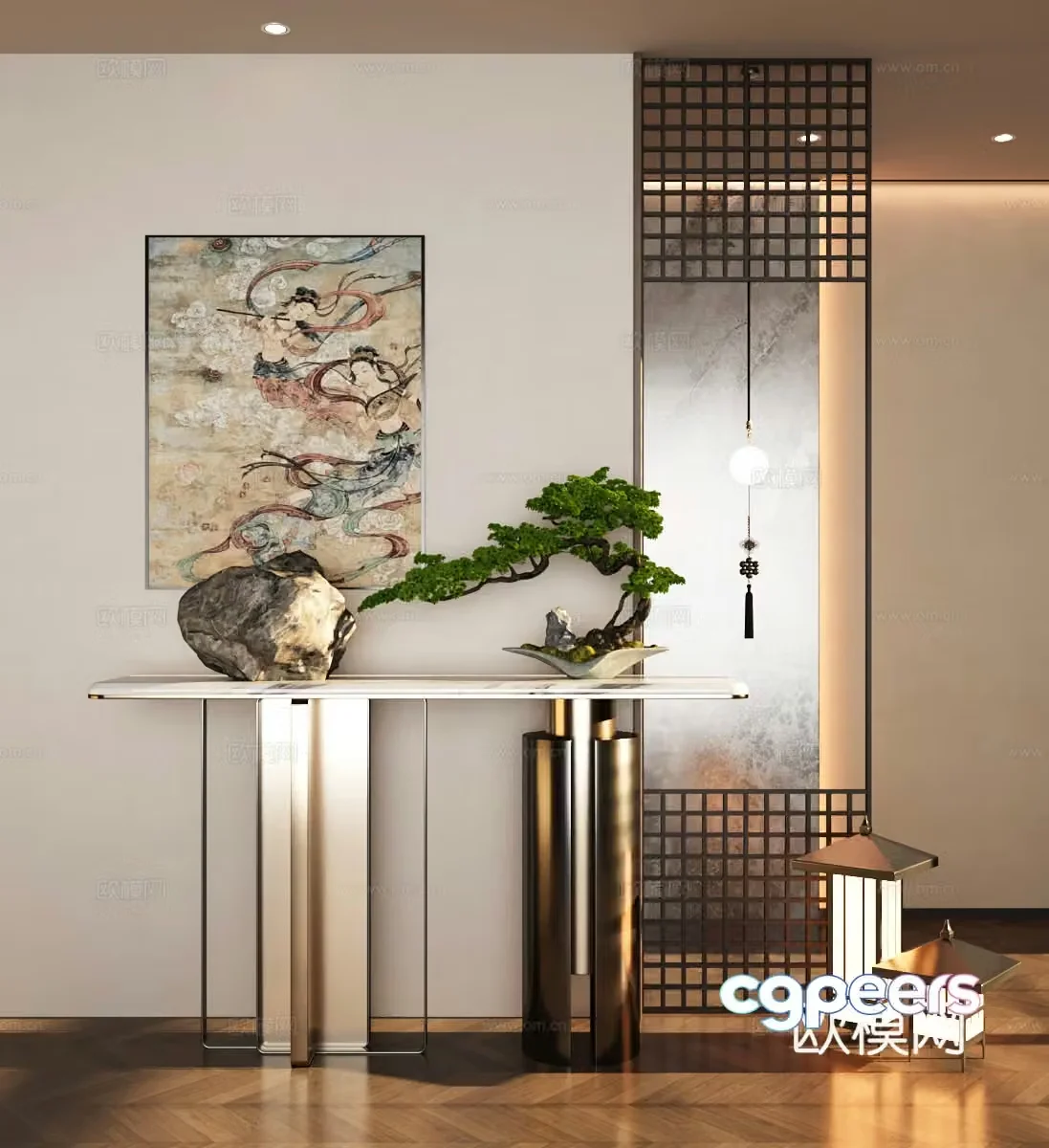 New Chinese style plan end view platform ornament combination floral ornament 3D model