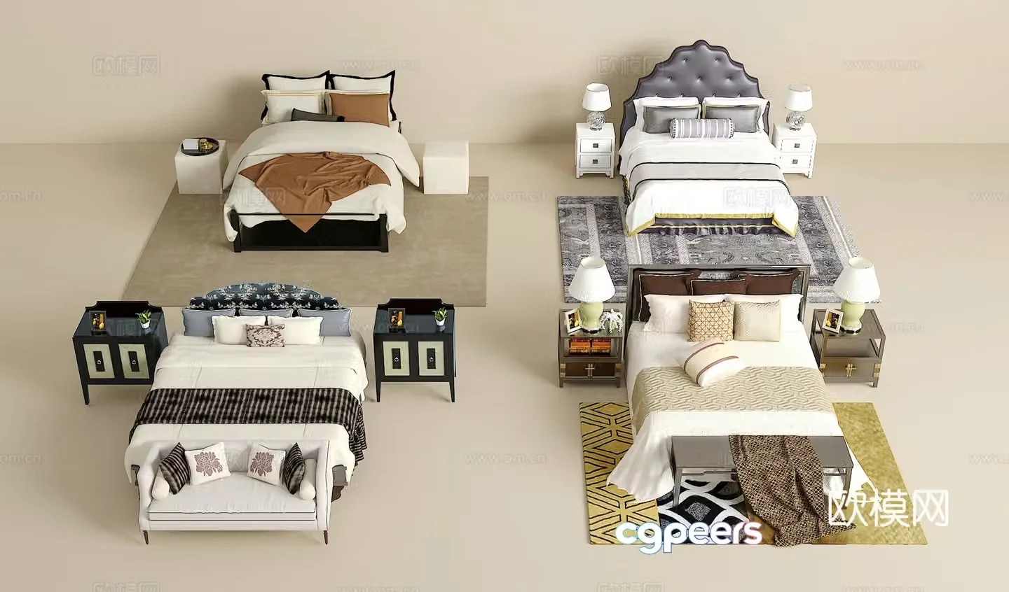 Double bed combination bedside table jewelry ornaments desk lamp carpet pillow 3D model