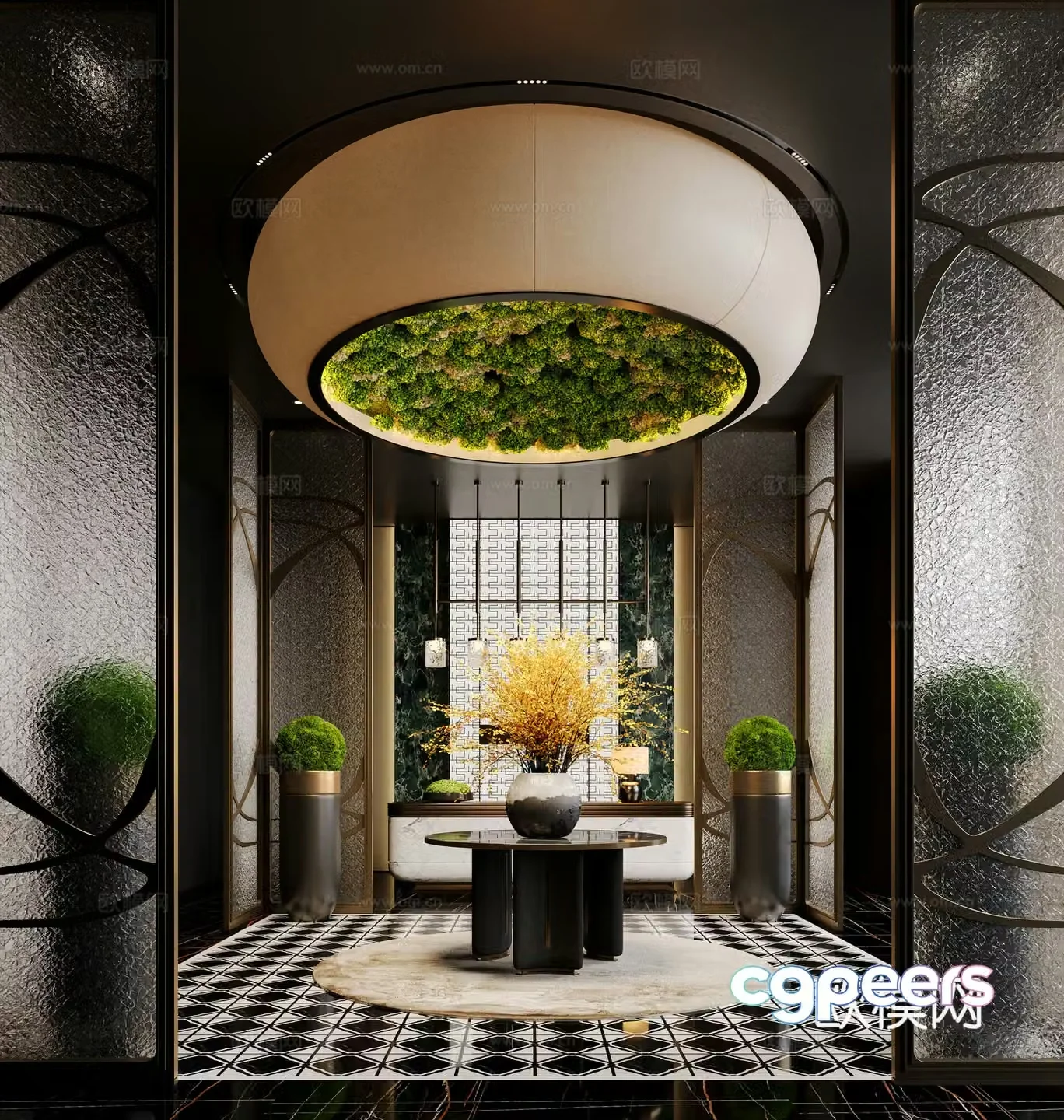 Modern hotel hall floral installation glass partition 3d model