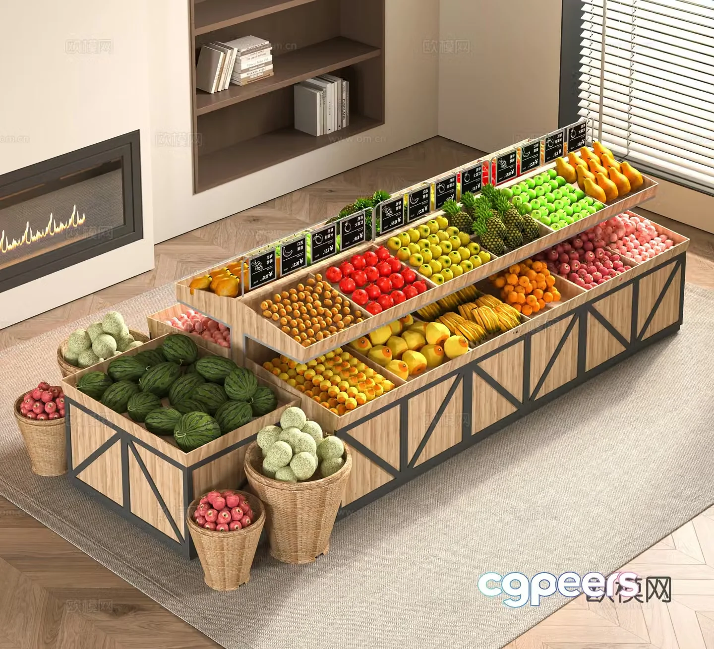 Modern supermarket fruit shelves 3d model