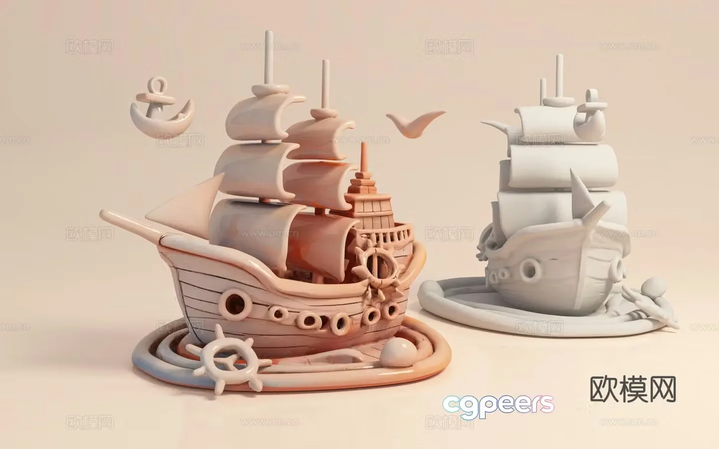 ship sailing cartoon Q version game animation game virtual ornament print glass 3d model