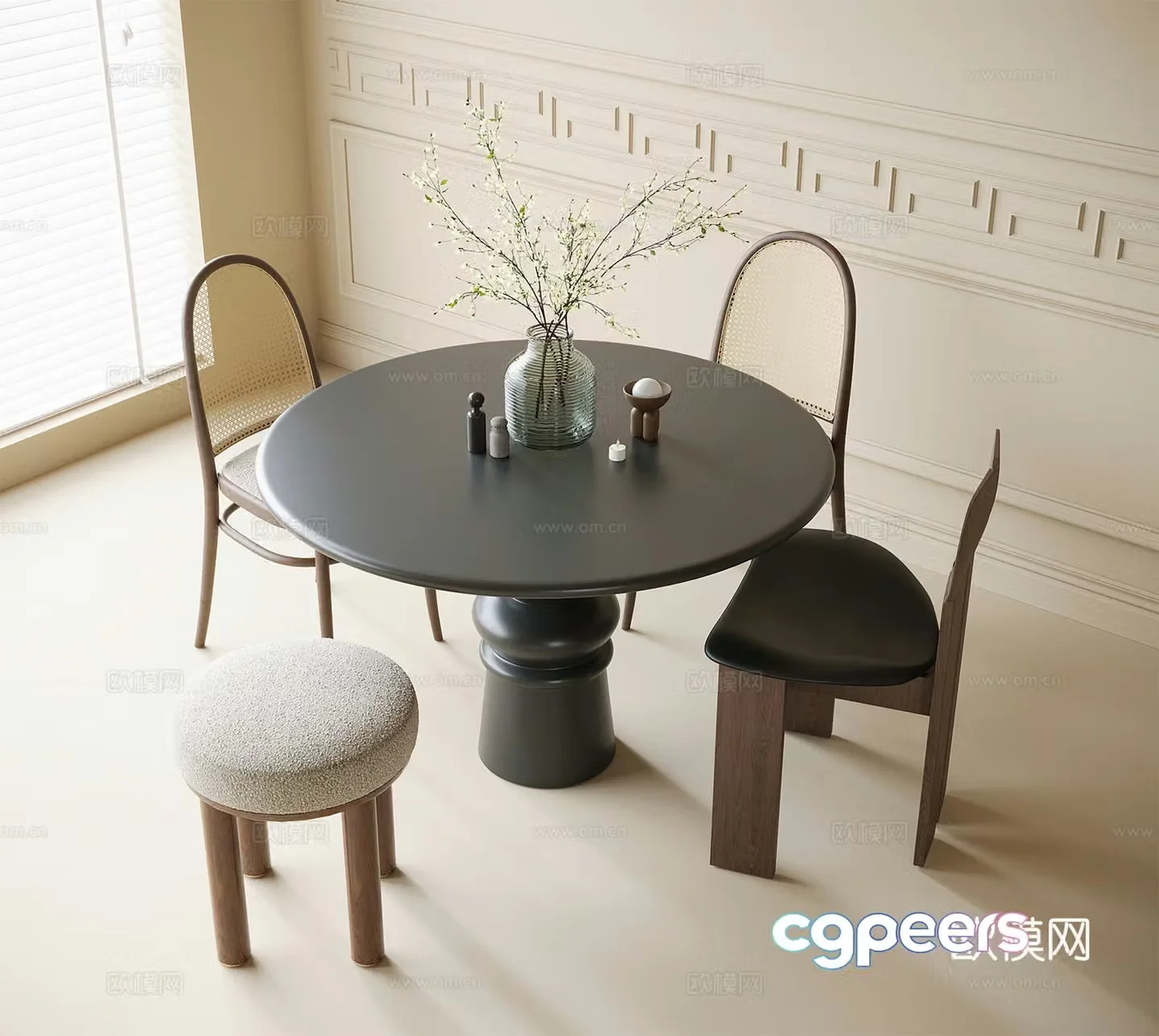 French dining table and chair combination dining chair round dining table 3D model