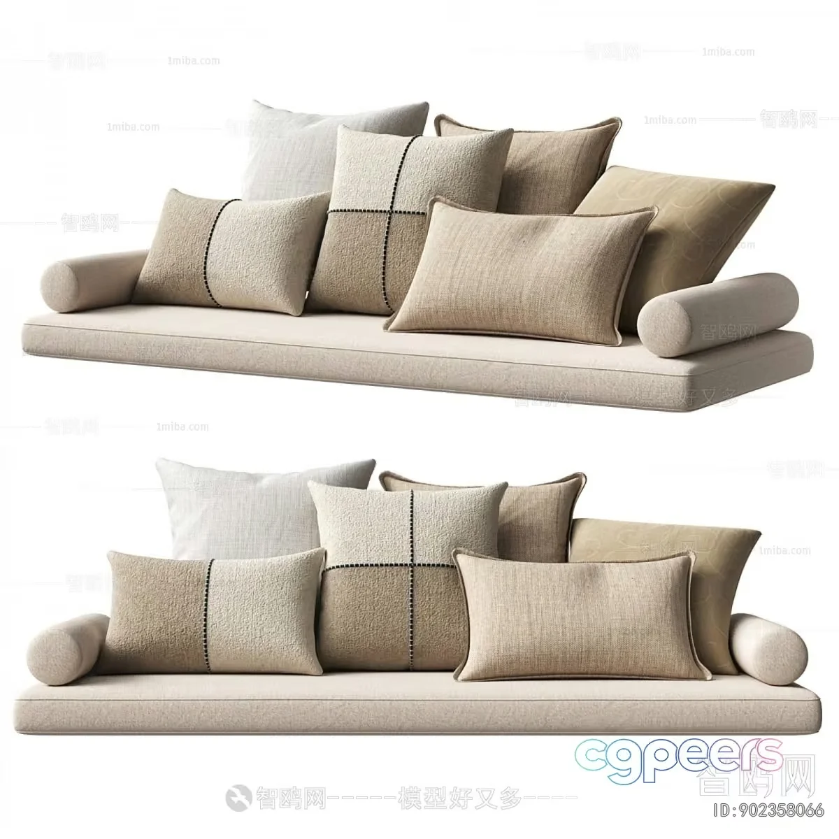 A Beige Sofa With Throw Pillows 3D Model – 21618 – VRAY Render