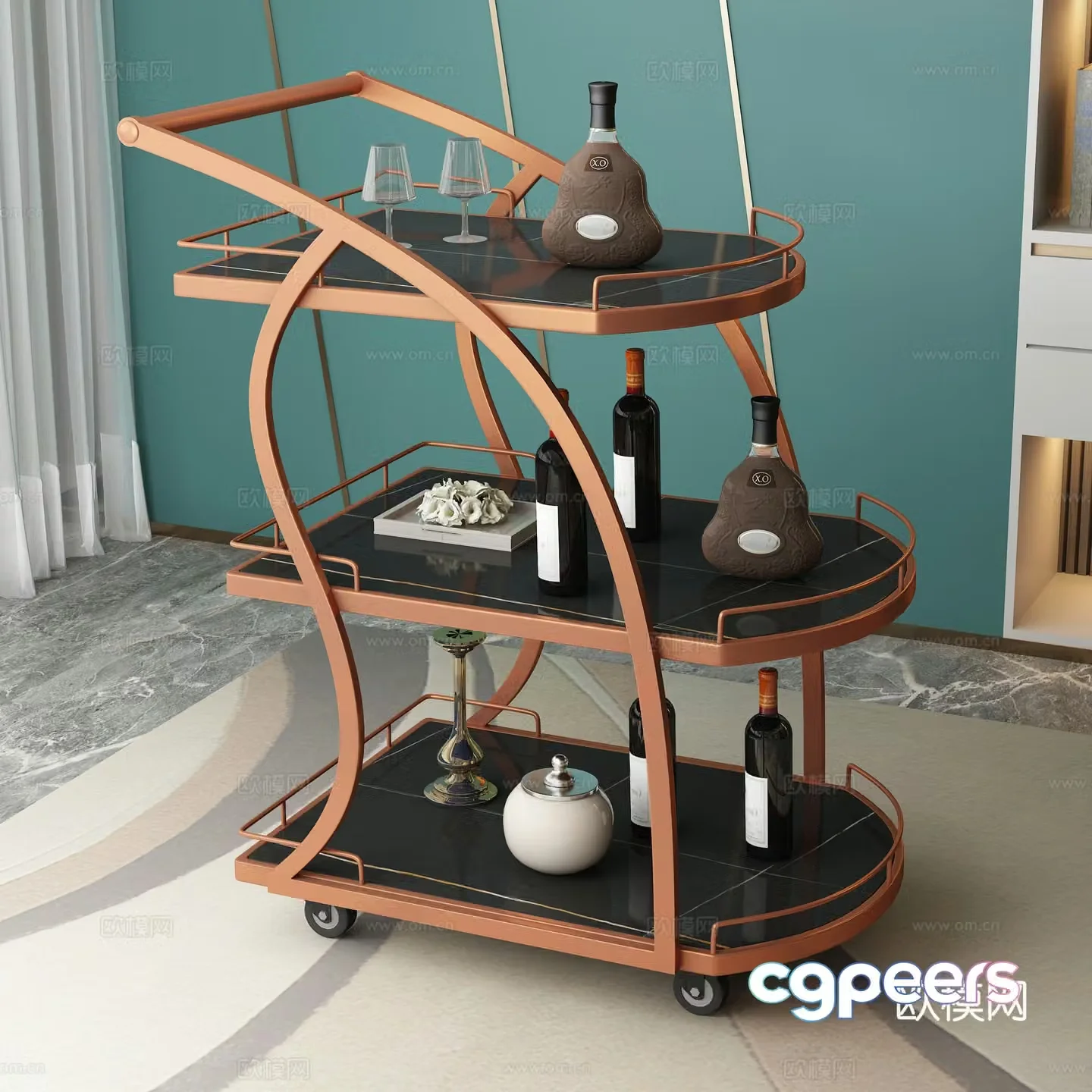 Modern dining car trolley rose gold 3d model