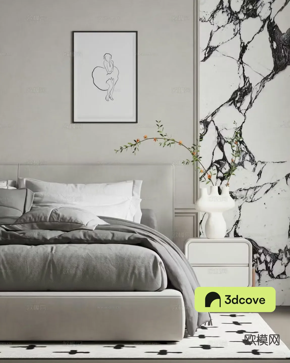 Modern bedside table realistic bedding