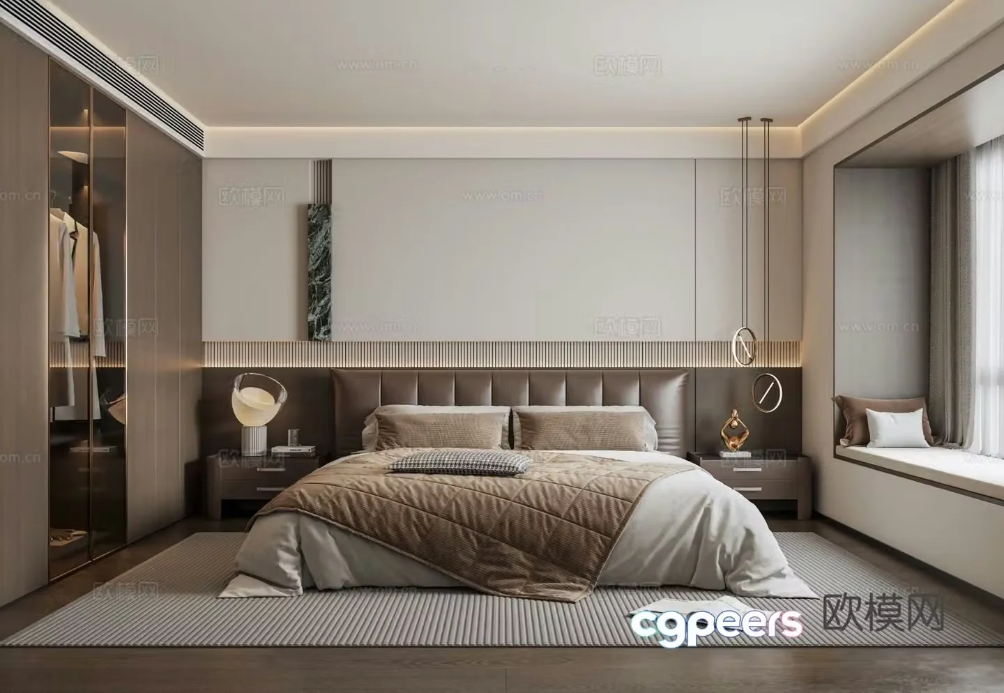 Italian light luxury home bedroom master bedroom leather double bed modern bedside background wall bedside table chandeliers 3D model