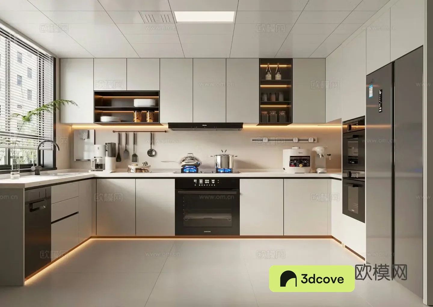 Creamy kitchen cabinet kitchen utensils stove refrigerator kitchen appliances