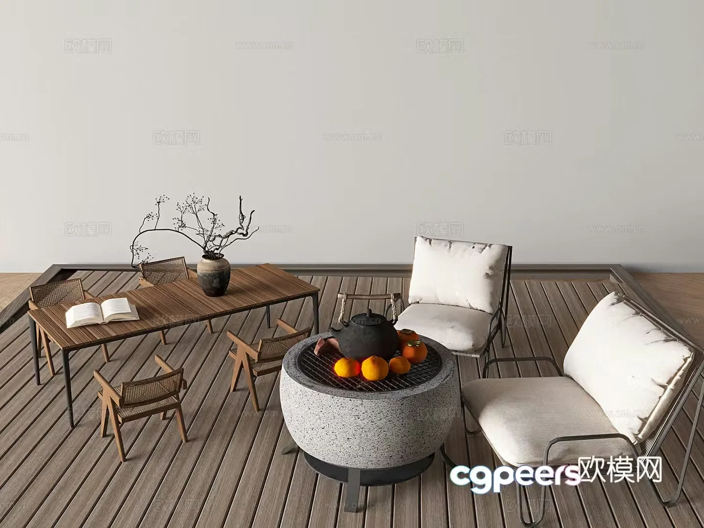 Wabi-sabi outdoor table and chairs making tea by the fire 3D model