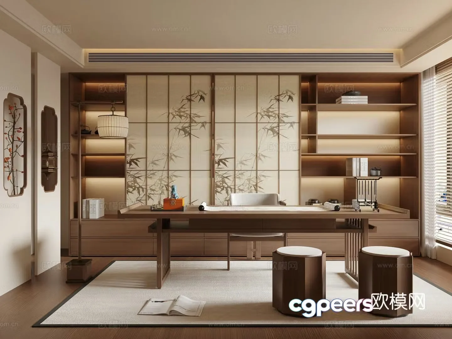 New Chinese Zen Study Song Family Study Middle-aged Study Desk and Chair Bookcase Open 3D Model