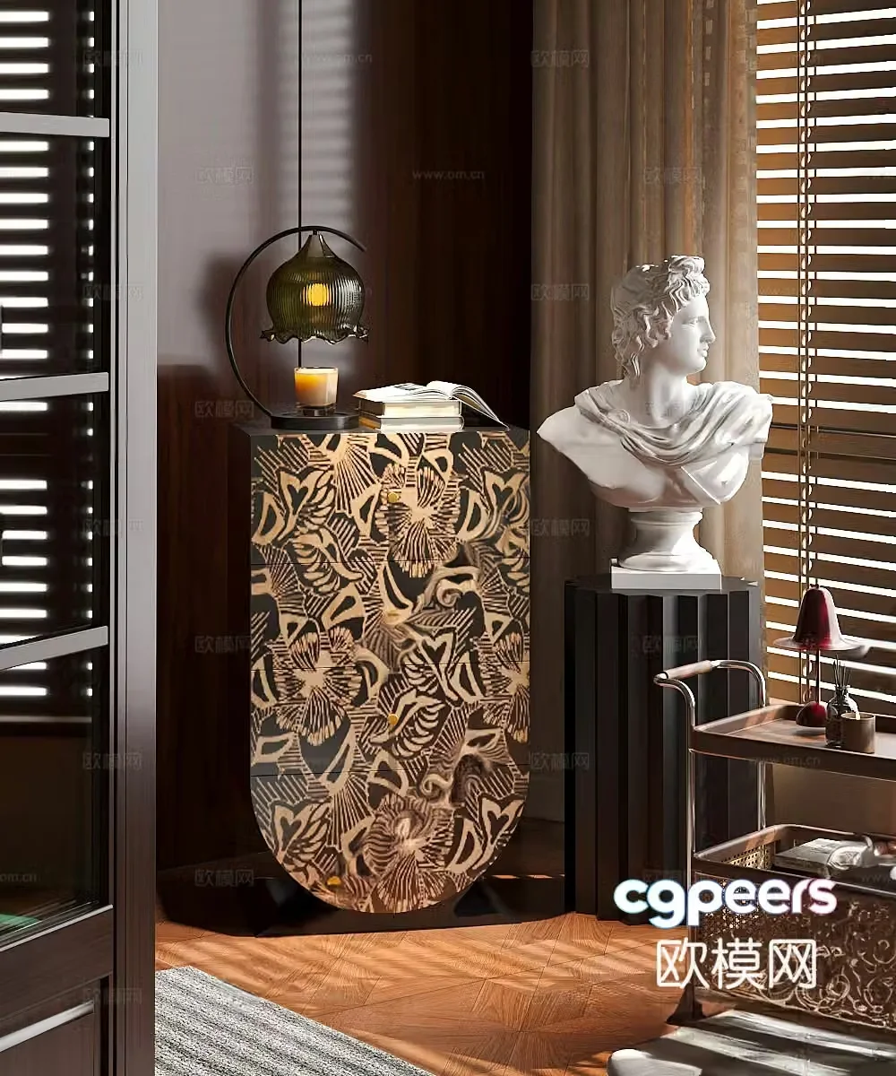 – French medieval storage cabinets chest of drawers French medieval side cabinets French lamps sculpture human mould 3D model