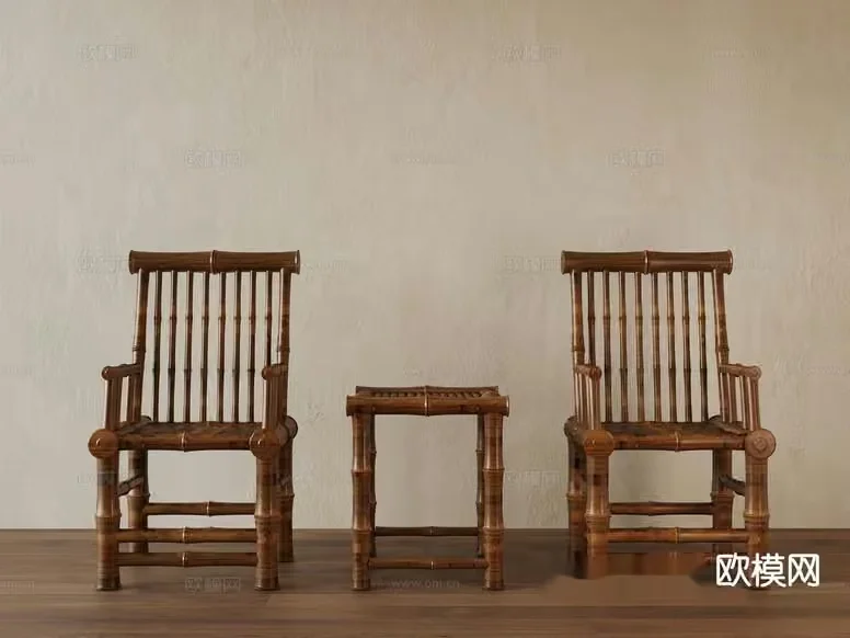 Two Wooden Chairs And A Small Table 3D Model – 11427 – VRAY Render