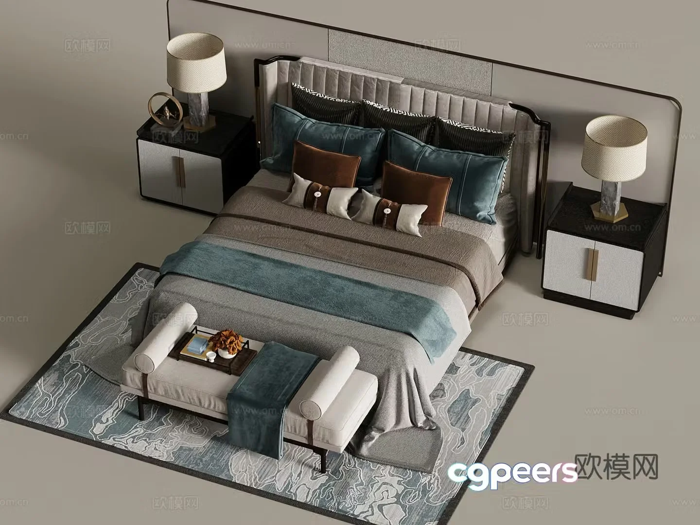 New Chinese style double bed bed nightstand bed stool 3D model