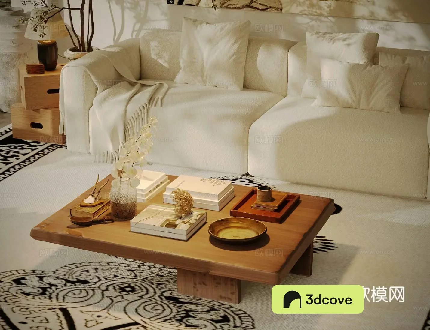 Middle-aged style tea table log style tea table medieval style ornament combination multi-person sofa side table potted 3D model