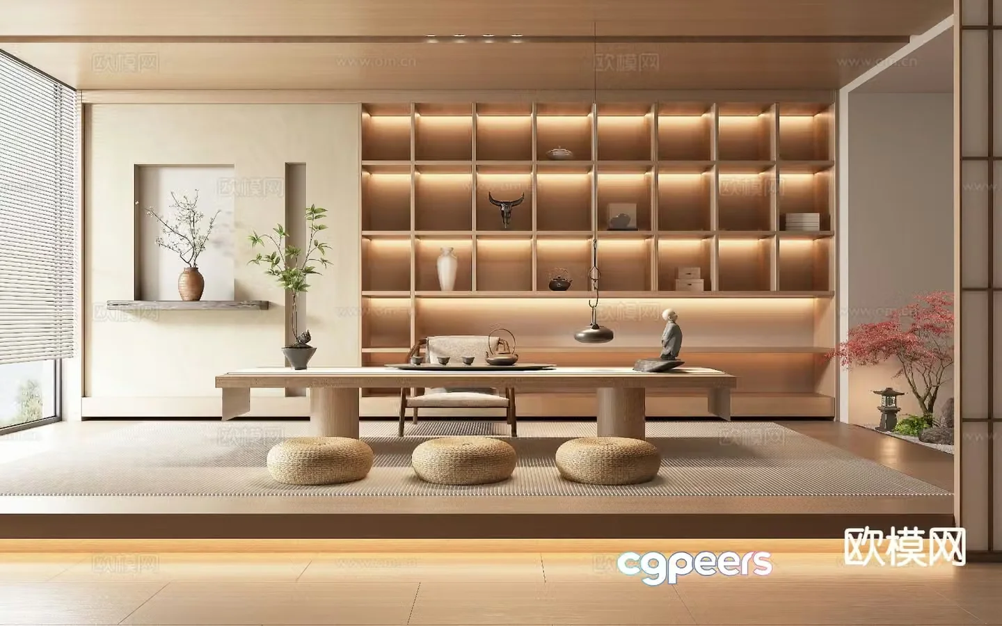 Modern tea room tatami tea table and chairs 3d model
