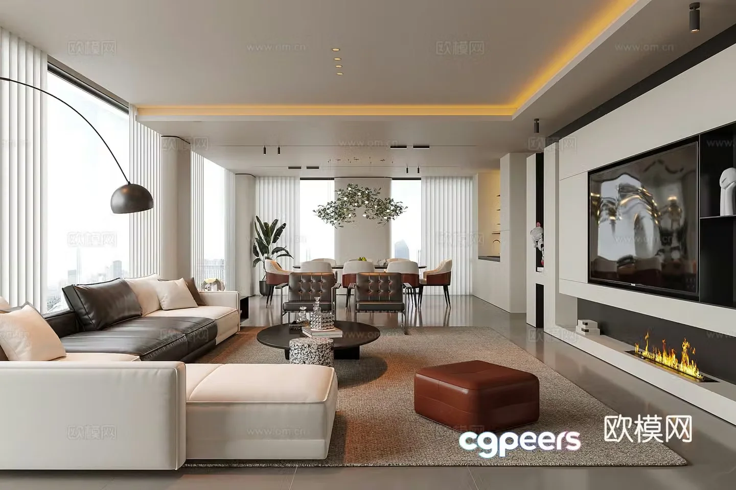 Modern living and dining room sofa coffee table living room TV background wall multi-person sofa 3d model