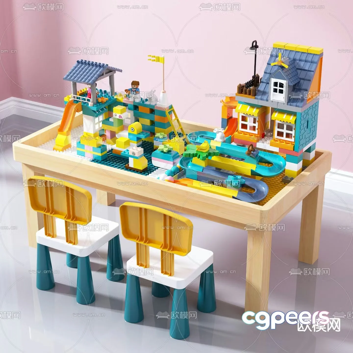 Modern children’s solid wood building block table toy 3d model