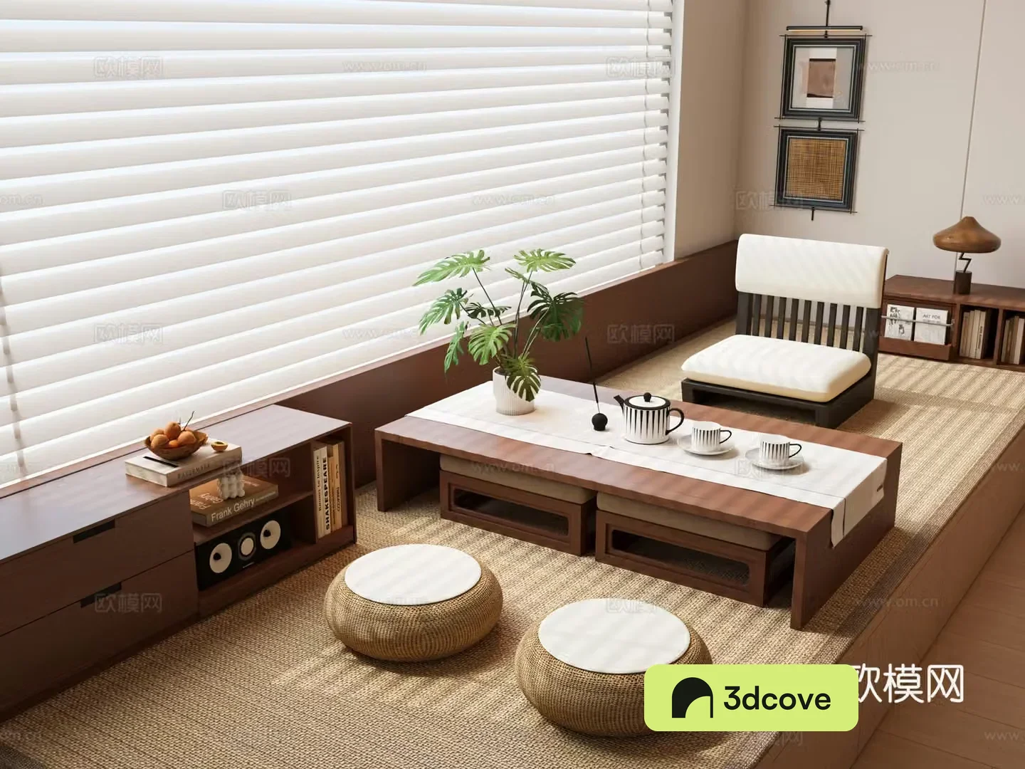 Middle-aged tatami tea room Japanese-style tea room bay window cabinet bay window cushion tea table chair 3d model